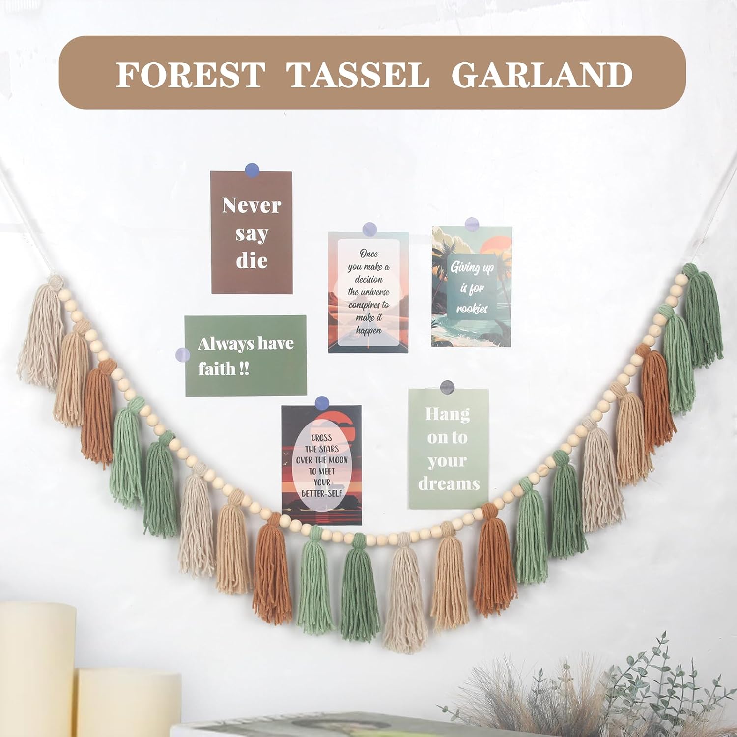 Sage Green Brown Boho Yarn Wood Bead Tassel Garland Wall Hanging Decor Neutral Earth Tone Woodland Banner Tassels for Nursery Classroom Birthday Party Kids Bedroom Baby Shower Decorations