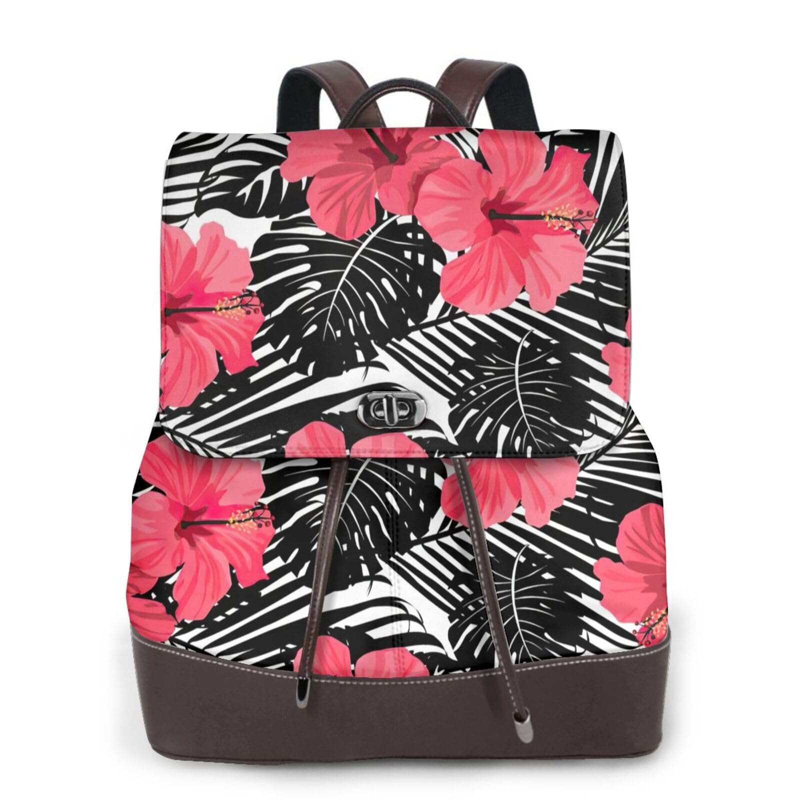 Sac à dos ordinateur portable cuir imprimé hibiscus rouge noir - 5