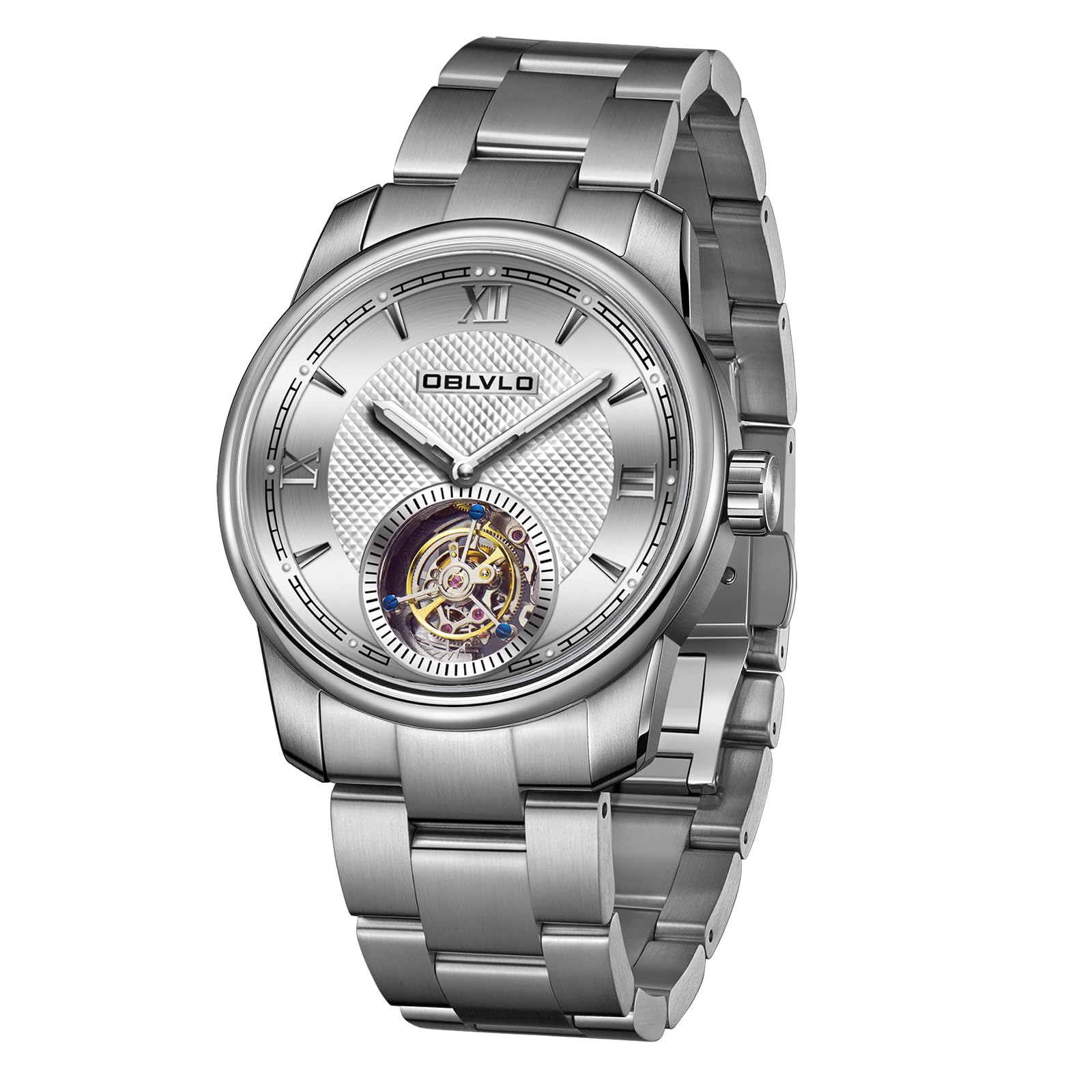 OBLVLO Luxusmarke Herren Edelstahl Tourbillon Uhr Selbstaufzug Automatikuhren Wasserdicht Business Uhr für Herren SK-TOUR