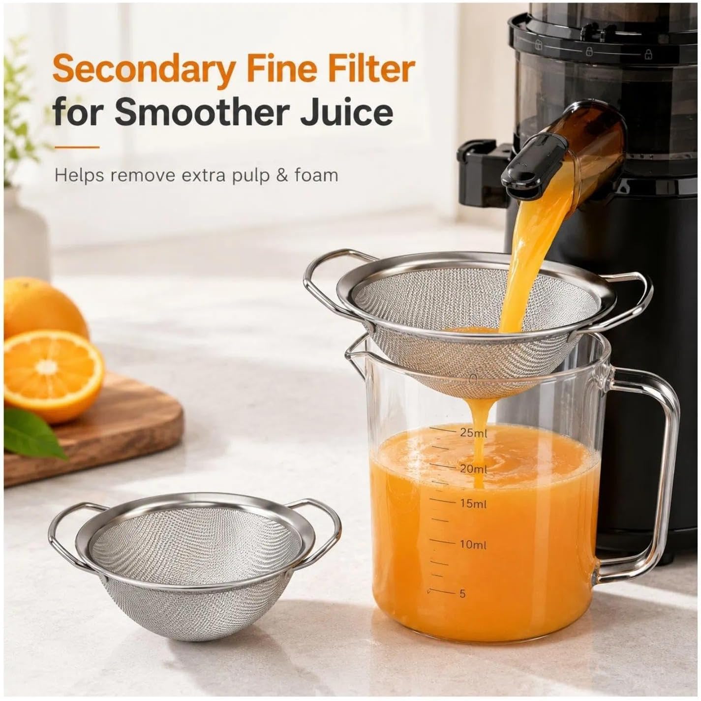 2 Pack Juice Strainer for Nama J2 and Ninja Cold Press Juicers, 304 Stainless Steel Fine Mesh Pulp Filters with Dual Handles, 5.5 and 6.3 Inch, After Juicing