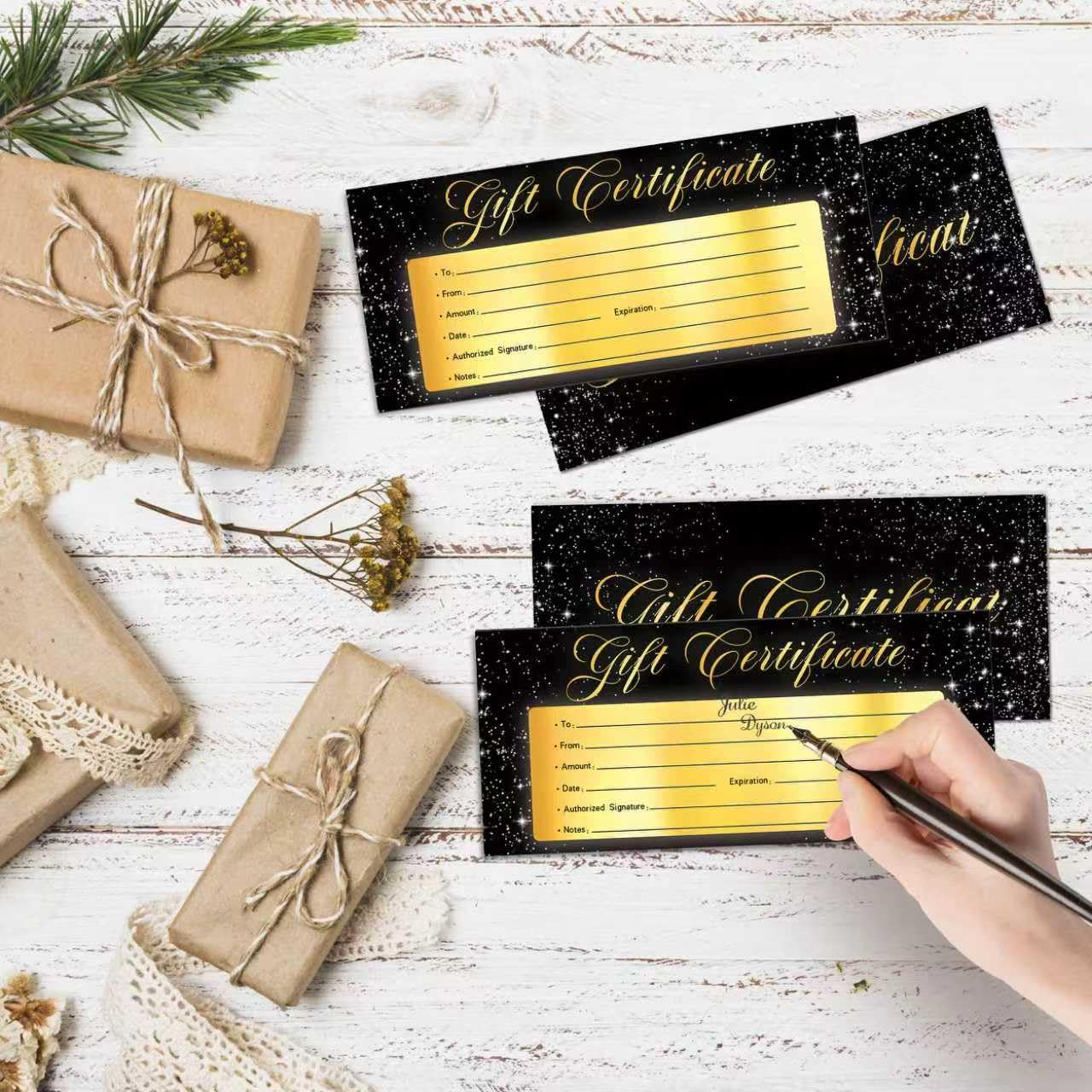 Blanko-Geschenkgutschein für Geschäft, 25 schwarzgoldene Geschenkgutscheinkarten für Spa, Restaurants, Salon, individuelle Kundengutscheine für Geburtstag, zum Ausfüllen von Blanko-Arbeiten