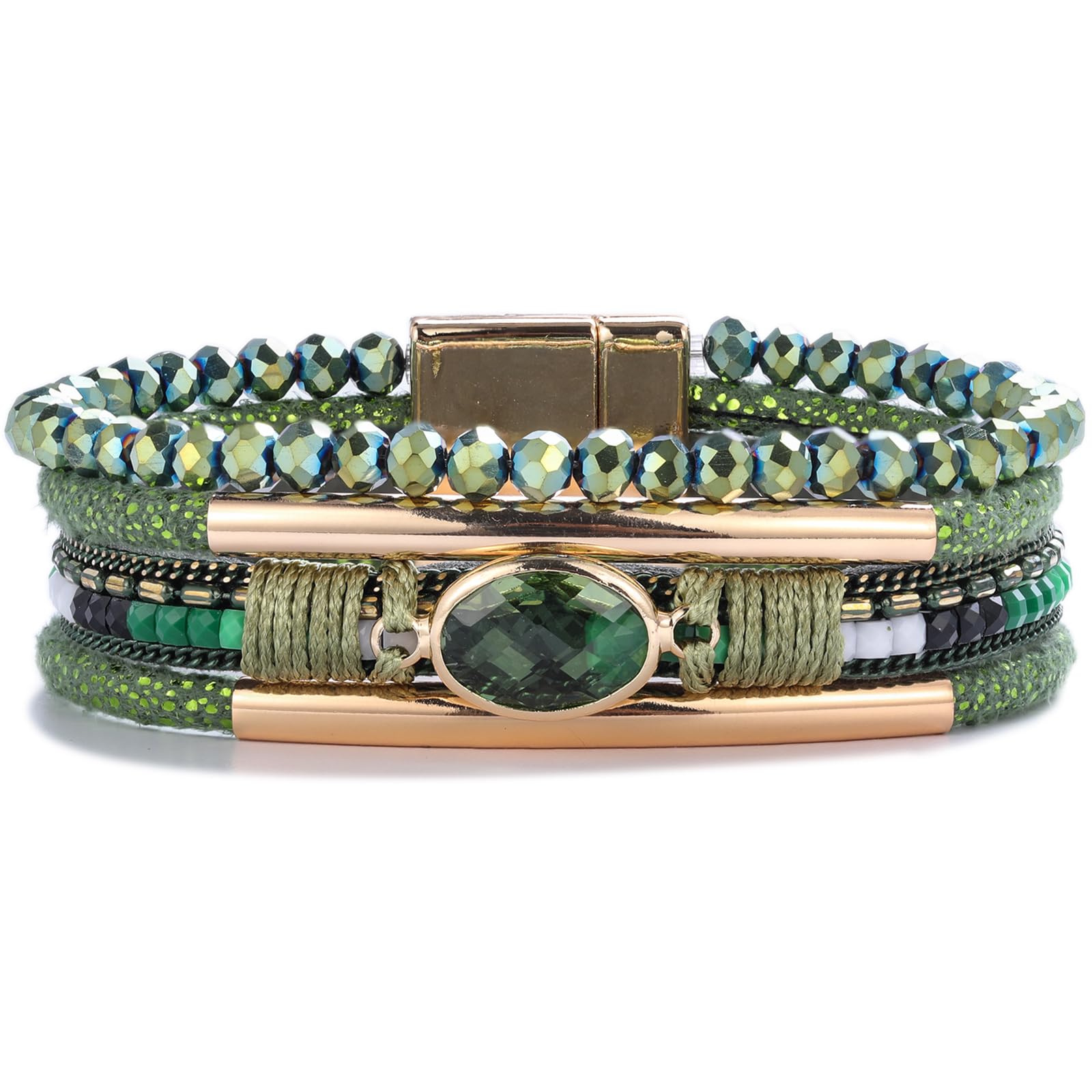 FANCY SHINY Leather Wrap Bracelets Crystal Beads Bracelet Boho Cuff Stone Charm Bracelets with Clasp Costume Jewelry for