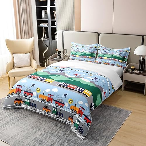 Miniatura 3 de jejeloiu Funda de edredón de avión, 100% algodón, juego de funda de edredón de tren para niños, juego de ropa de cama con diseño de camión de