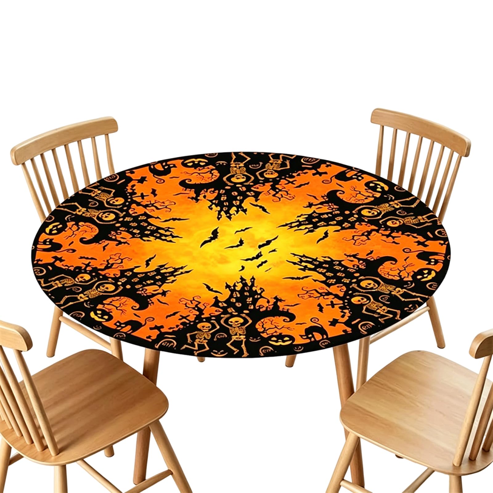 Halloween Round Fitted Tablecloth with Bat Skeleton Print Pumpkin Round Placemat Wrinkle Resistant Table Settings Mats Waterproof Party Halloween Decor