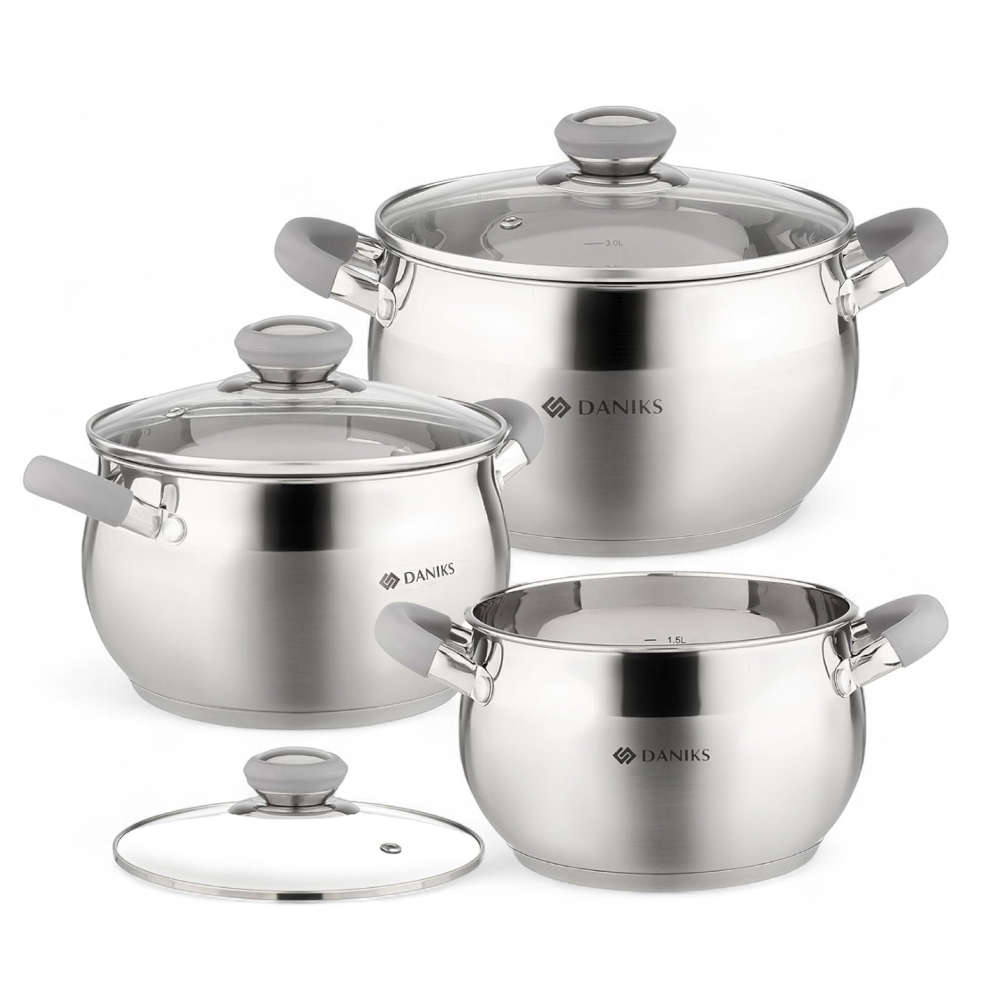 Daniks Modern 6-Piece Stainless Steel Cookware Set with Glass Lids, Tri-Ply Bases for Even Heating, Induction Compatible, Dishwasher Safe, Heatproof Handles