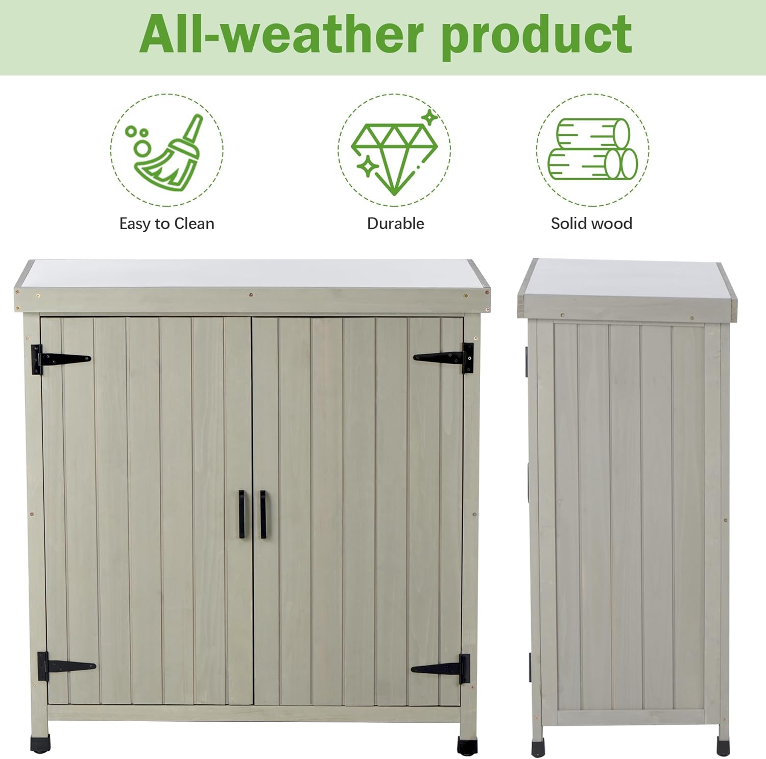 Potting Bench Table, Wooden Storage Cabinet with Removable Shelf, Metal-Plated Tabletop, Light Brown, 36x31x19 in, for Backyard Patio Lawn Gardening,Gray