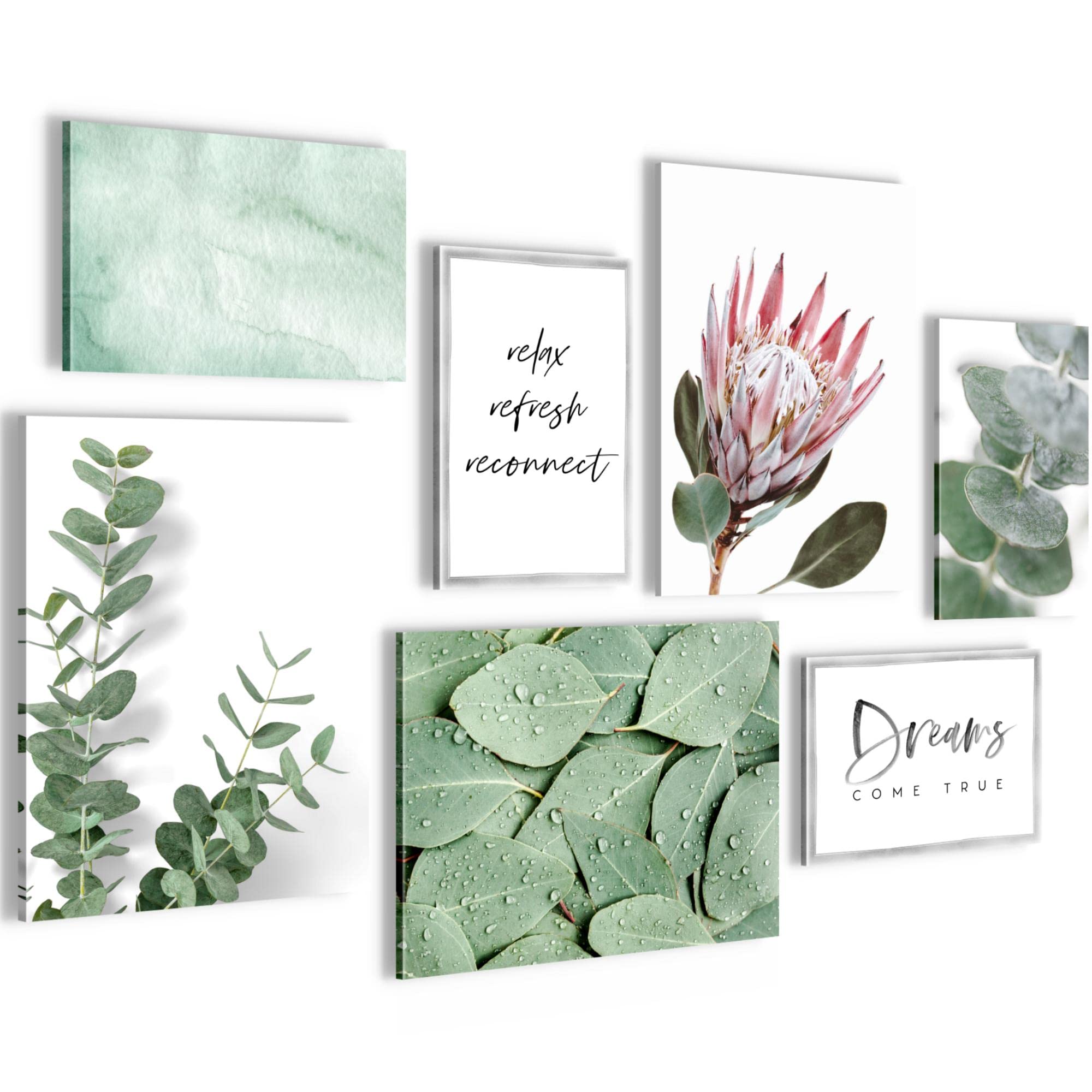 Set of Canvas - Completely Ready to Hang - Pictures for Wall - Green Leaves Plant - 7 Pieces - Living Room Bedroom N005371a