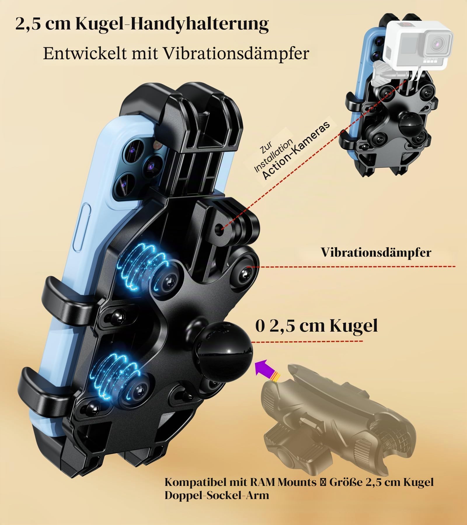 BRCOVAN 1'' Kugel-Motorrad-Handyhalterung mit Vibrationsdämpfer, verstellbare Handyhalterung für ATV UTV Bike Scooter, kompatibel mit RAM Mounts B-Größe Doppelsockelarm, für 5,4''-7,2'' Smartphones