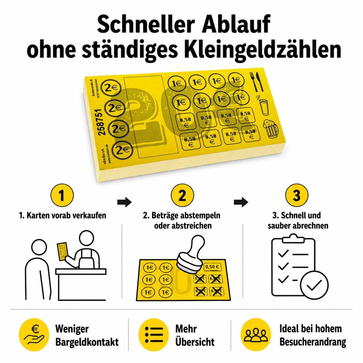 Étiquettes de valeur 20 € Cartes de consommation à effacer – 250 ou 500 feuilles, 5 ou 10 blocs de 50 feuilles, valeur totale 5 000 € ou 10 000 €, numérotés en continu, avec champ libre (jaune, 250)