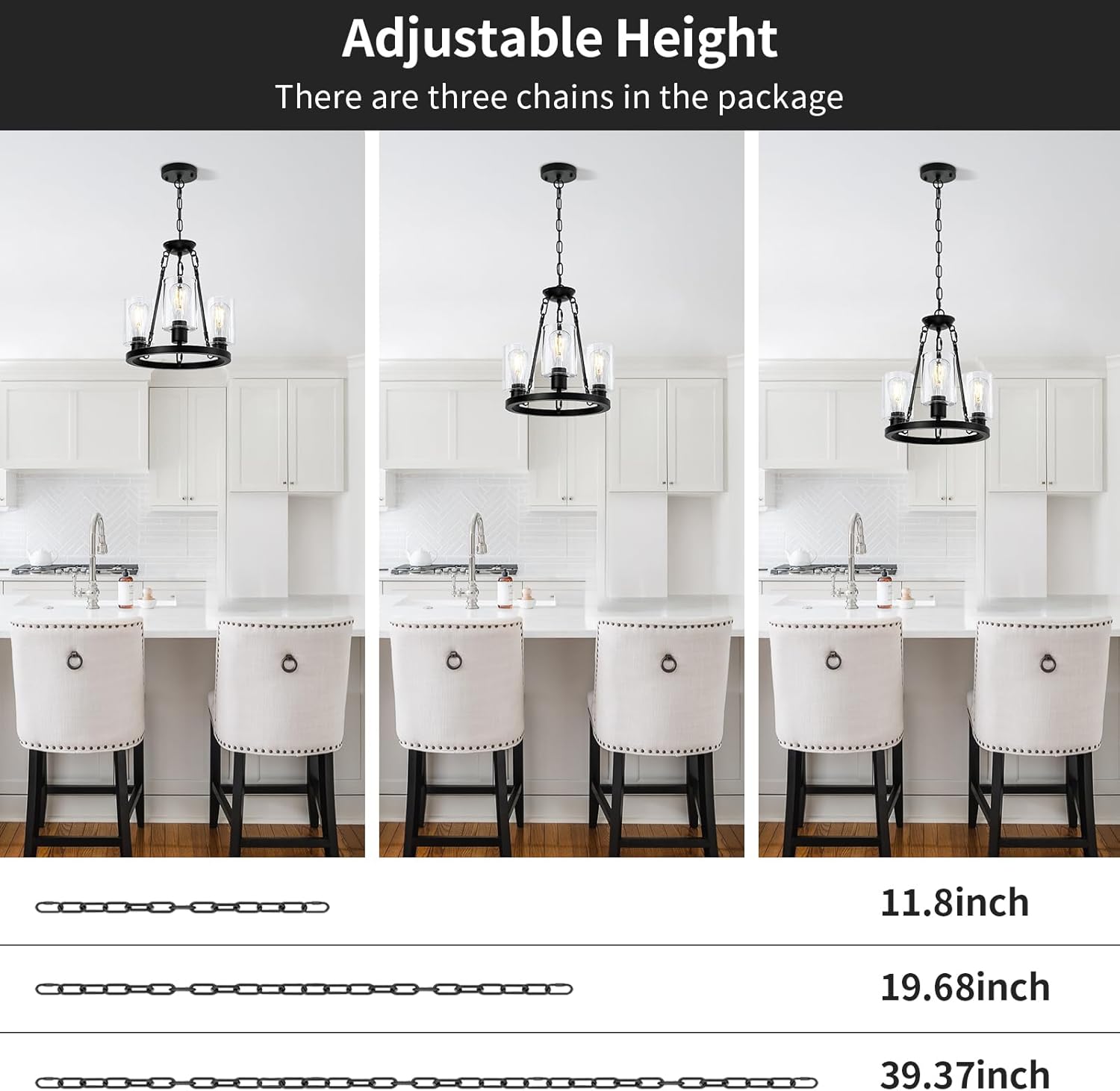 3-Light Modern Farmhouse Chandeliers for Dining Room,Wagon Wheel Black Chandelier,Adjustable Height Hanging Round Pendant Lights for Kitchen Island Clear Glass Shade Ceiling Light fixtures