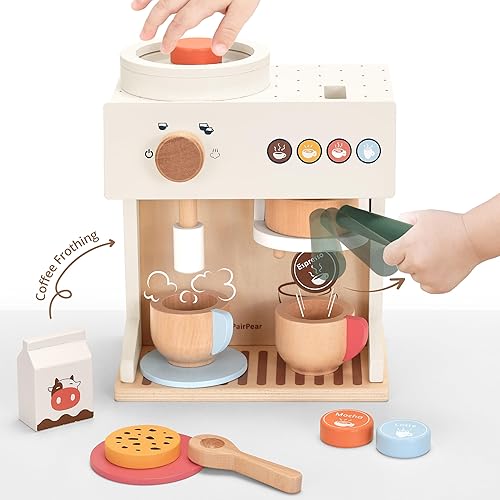 Miniatura 2 de PairPear Cafetera espresso de madera, juguete de 18 piezas, juego de rol de barista con cápsulas, tazas y galletas, accesorio de cocina Montessori