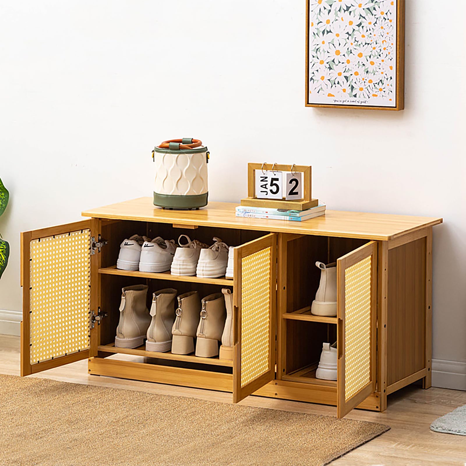 Organizzatore di Letteratura, scarpiera, Panca in Legno, portascarpe, mobiletto con 3 Ante, scaffale per riporre Oggetti all'aperto, Panca per Ingresso, portascarpe per Ingresso, c