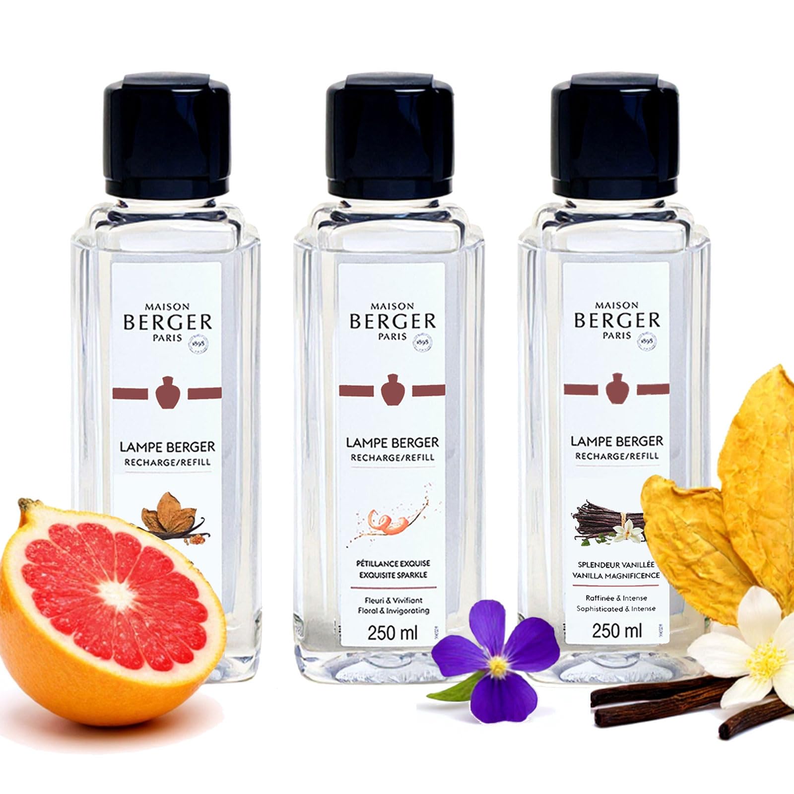 Lampe Fragrance Trio Rosalie - 3×250ml Premium Scented Refills (Amber Tobacco, Exquisite Sparkle, Vanilla Magnificence) for Home Diffuser Use - Crafted in France - Elegant Gift Set