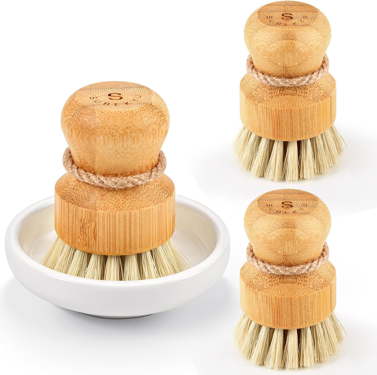 GreeKroupp Set of 3 Bamboo Dish Scrub Brushes, Kitchen Wooden Cleaning Scrubbers Set for Washing Cast Iron Pan/Pot