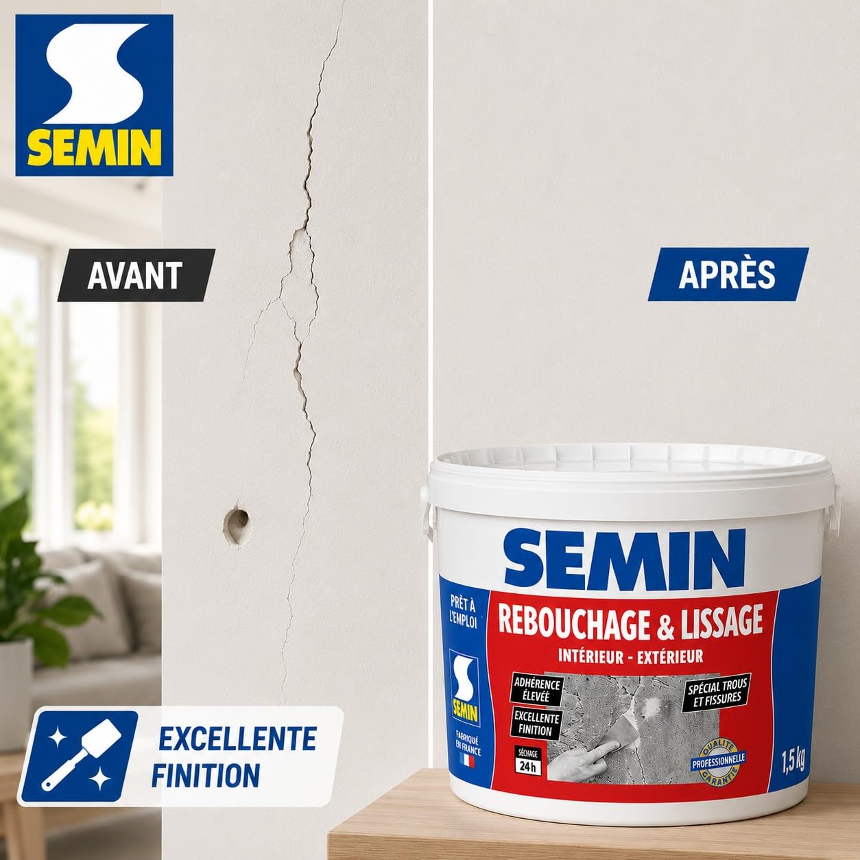 SEMIN Enduit de Rebouchage- 5 X 1,5 kg – Spécial Fissures & Trous de Vis – Intérieur/Extérieur – Prêt à l’Emploi – Haute Adhérence – Finition Lisse – Rebouchage Murs & Plafonds
