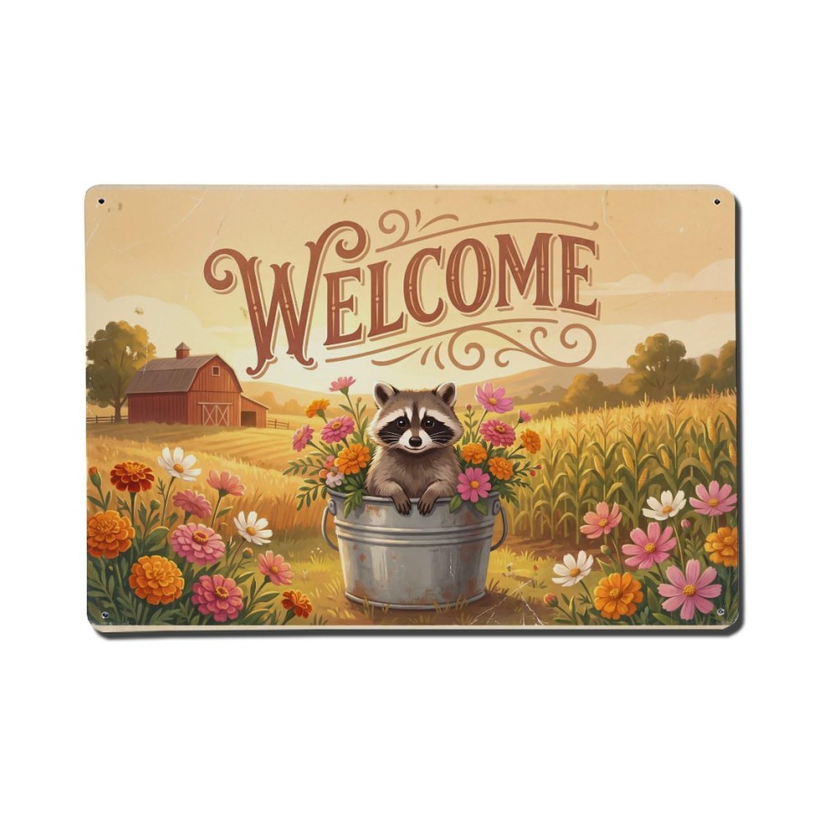 Vintage Welcome Raccoon Golden Hour Metal Tin Sign