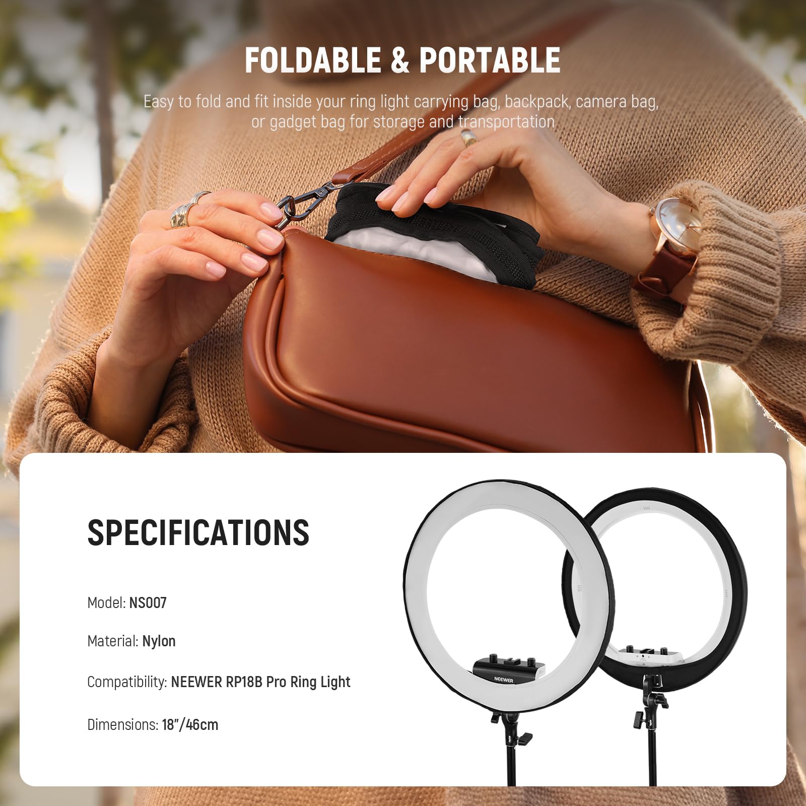 NEEWER Diffuseur de lumière annulaire Uniquement pour RP18B Pro 18", sans Fuite de lumière, diffuseur en Tissu Softbox, lumière de Photographie Pliable Professionnelle pour Enregistrement Vidéo,NS007