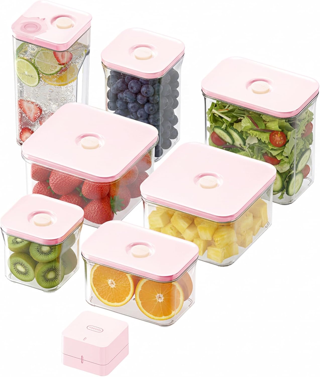 VAKUEN Premium Airtight Food Storage Containers ROSE 8P/SET, 6pcs Container, 1pcs Water Pitcher and Vacuum Sealer. Patented Double Silicone Lining, 100% Leak Proof, BPA-FREE