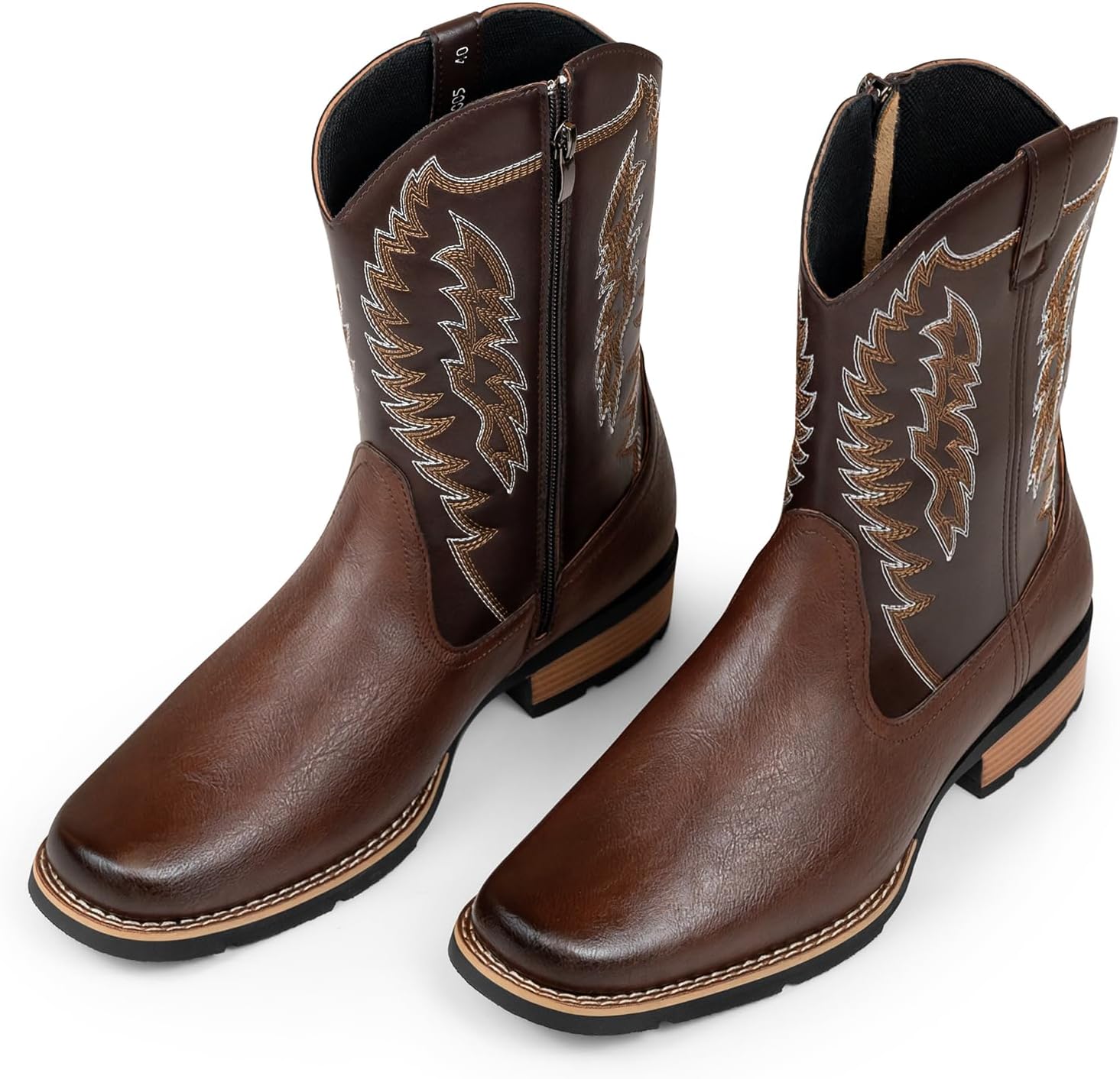 Men's Western Cowboy Boots, Square Toe Classic Embroidery With Side Zipper, Black Brown Chunky Heel Slip Resistant Durable Mid-Calf Country Work Boots for Male - Image 4