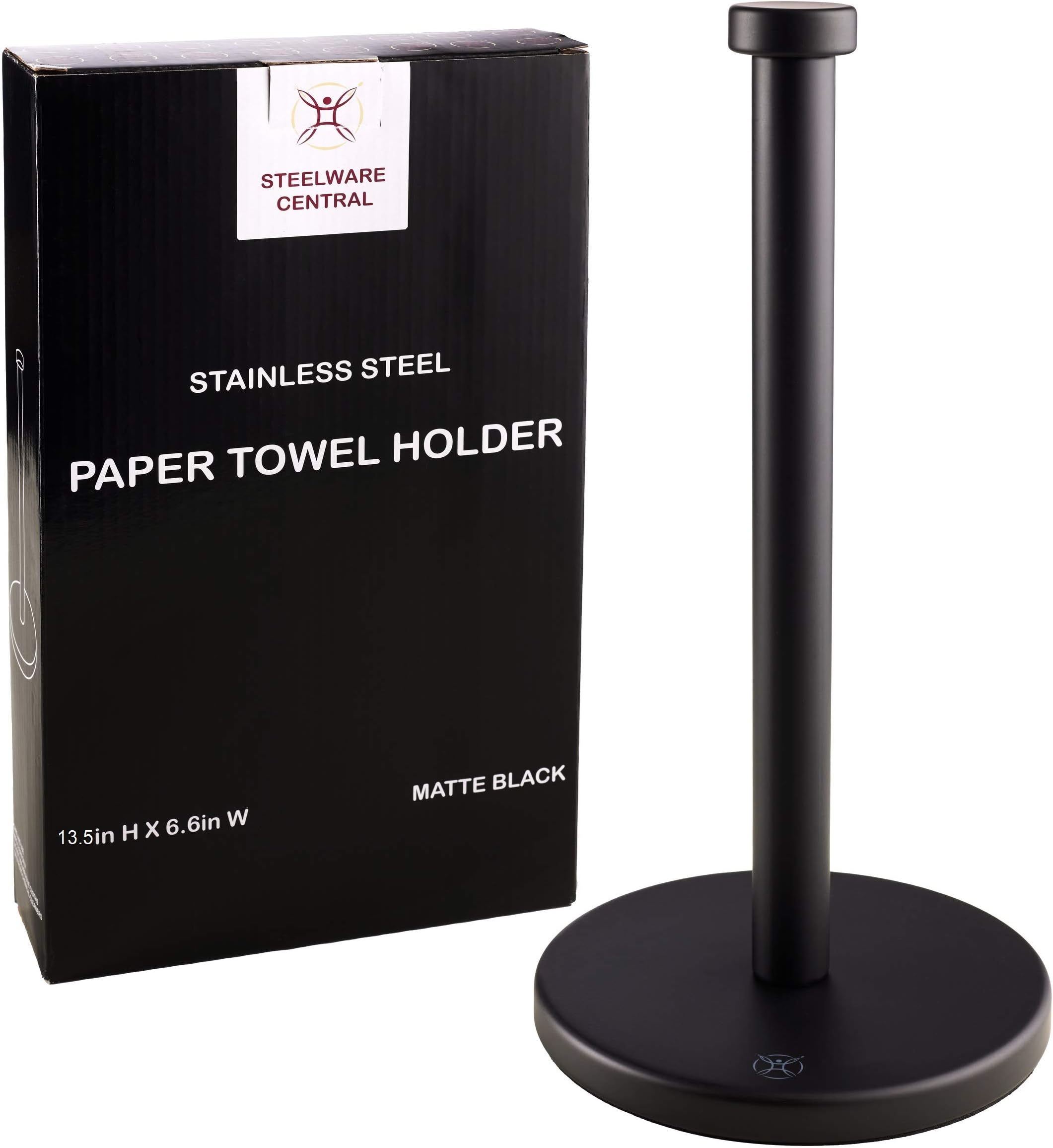 Black Paper Towel Holder Countertop Stainless Steel Paper Towel Stand with Weighted Non-Slip Base - One-Handed Tear, Rust-Resistant