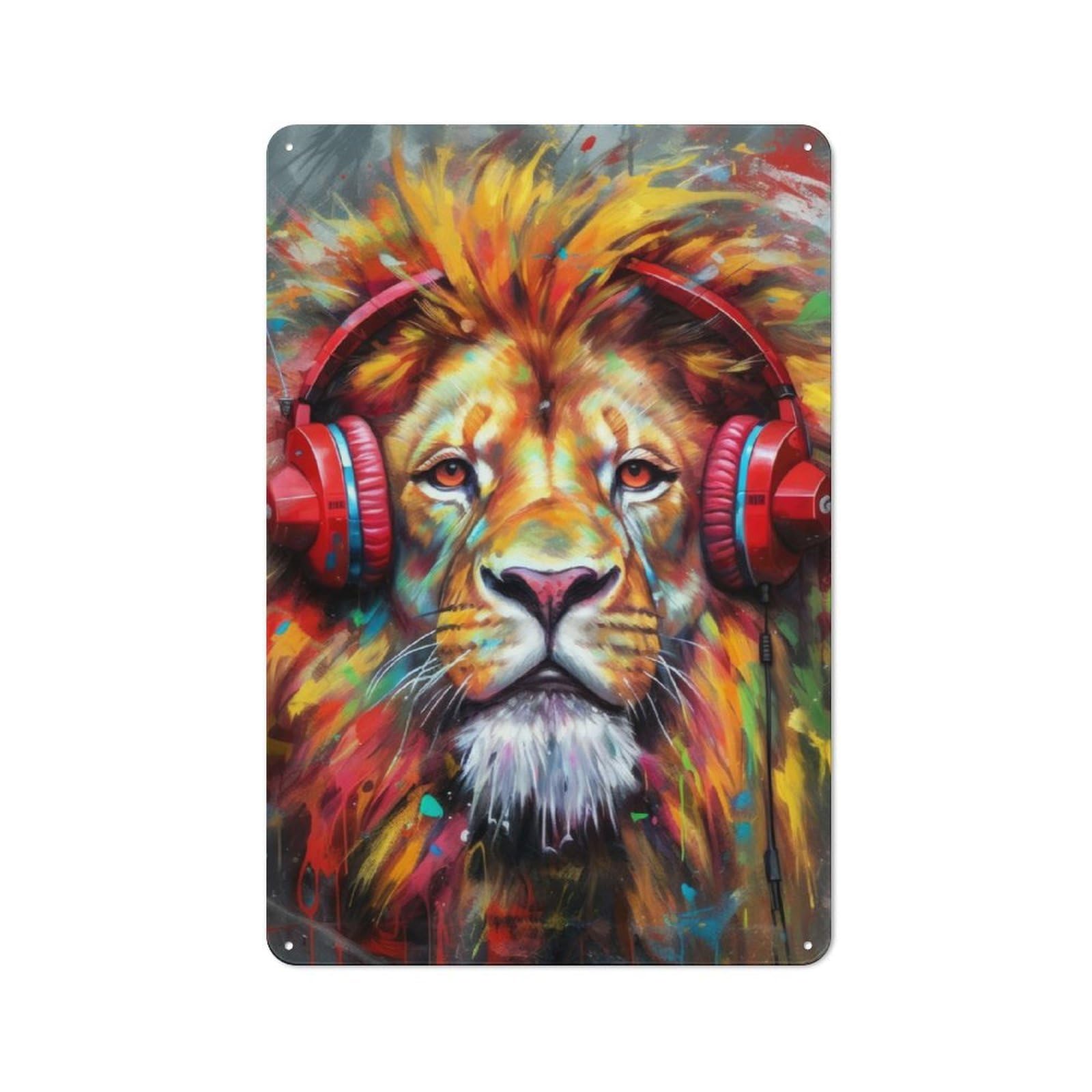 Junmoney Lion With Headphones Tin Wall Plaque 30X20cm With For Hobby Room Or Studio, For Metal Sign Collectors, For Kitchen And Home Bar Decor