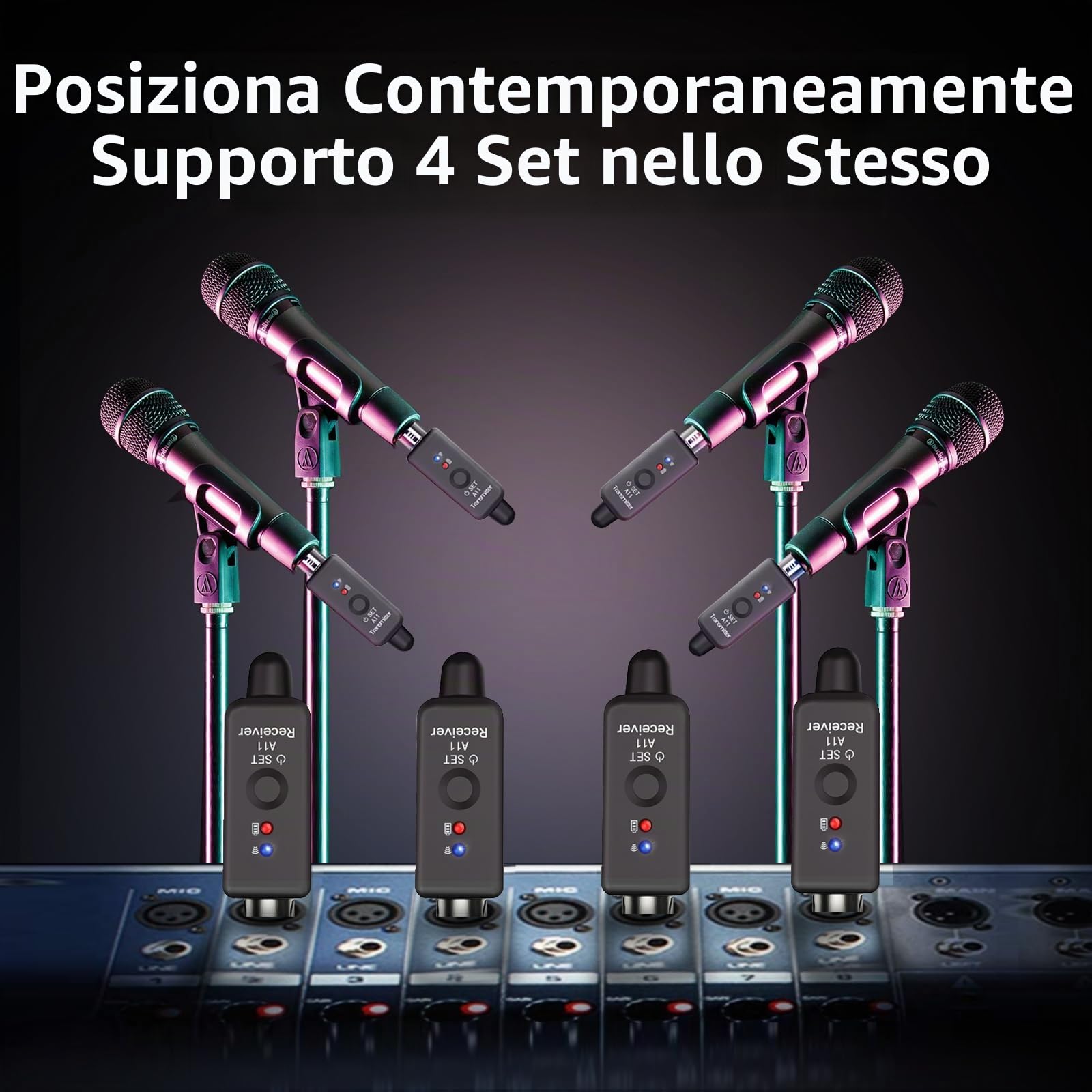 A11 2,4GHz Sistema Microfonico Senza Fili – Trasmettitore & Ricevitore con 4 Canali, Adattatore XLR Plug-on, Adatto per Microfoni Dinamici/a Condensatore, Mixer Audio (1TX + 1RX)