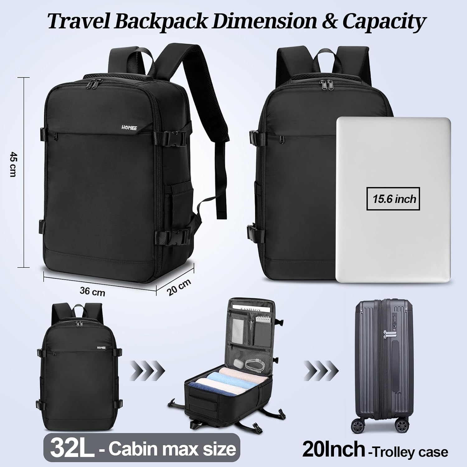 HOMIEE Spirit Airlines Personal Item Bag 18x14x8 Travel Backpack, 32L Carry on Luggage Underseat Airline Approved Weekender Bag Fits 15.6 Inch Laptop, Black - Image 5