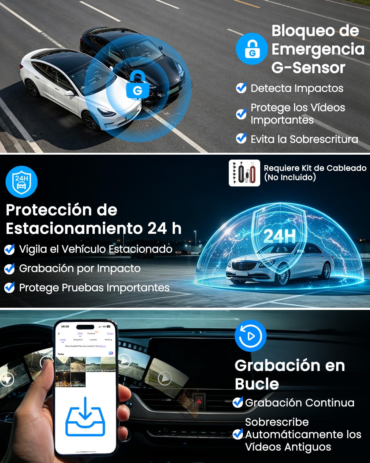 4K Dashcam Coche 3 Canales, Frontal Trasera y Interior 4K+2K+2K | GPS, 5GHz WiFi, WDR, Visión Nocturna, Visión 170°, G-Sensor, Monitor de Aparcamiento 24/7, Tarjeta de 64GB Incluida