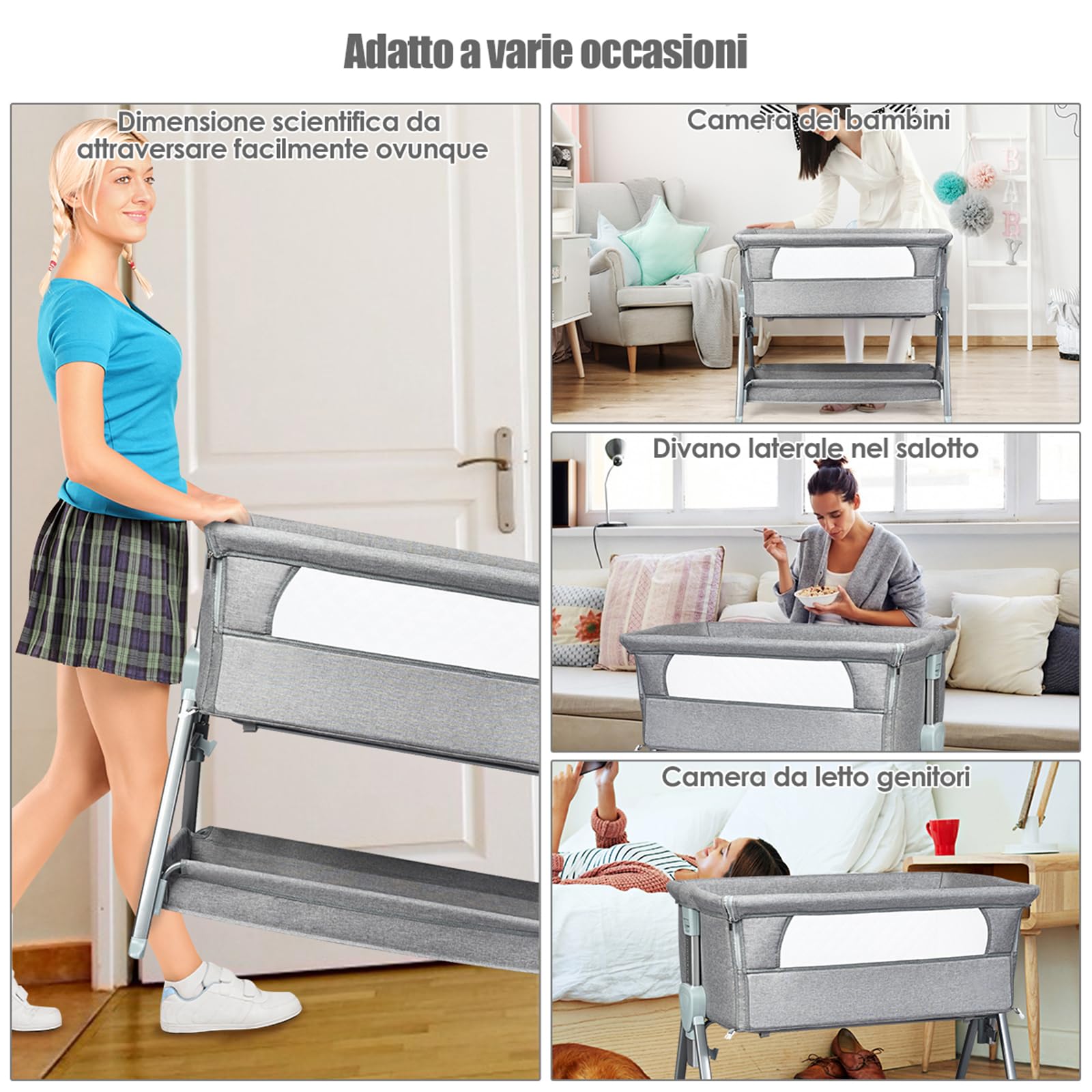 COSTWAY Culla Neonato, Culla Fianco Letto con Meterasso Imbottito, Altezza regolabile, Cintura e Cesto Portaoggetti, Portata Culla 15kg Portata Cesto 2kg