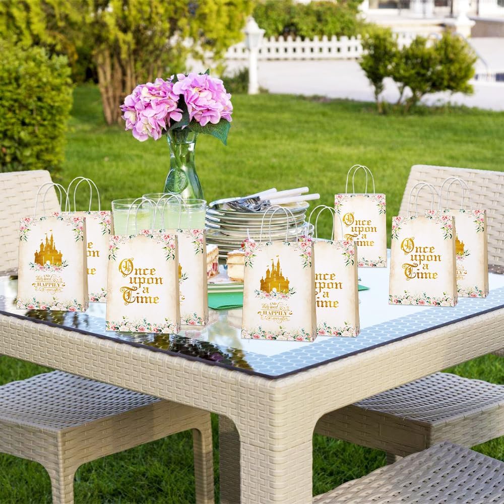 AIBIIN 24 Pcs Once Upon a Time Party Favor Bags, Pink Floral Gold Castle Princess Fairytale Birthday Party Bags Girls First Birthday Treat Bags with Handles Candy Goodie Bags for Girls Birthday Party Supplies - Image 4