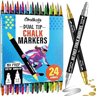Chalkola Kreidestifte Für Tafel Abwaschbar 24 Farben Dual Tip (Punkt & Pinsel), kein Pumpen | Kreidestift Für Fenster, Kreidemarker Abwischbar– Tafelstifte & Fensterstifte Mit Wasserbasierter Tinte