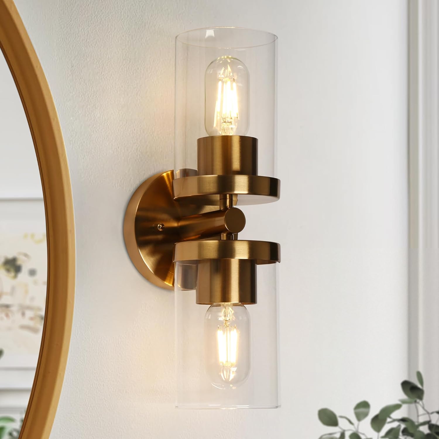 KSANA Gold Bathroom Sconces Wall Lighting, Modern Brass Wall Sconce with Clear Glass Shade, 2-Light Vanity Light Fixtures Over Mirror for Bedroom, Living Room, Kitchen and Hallway