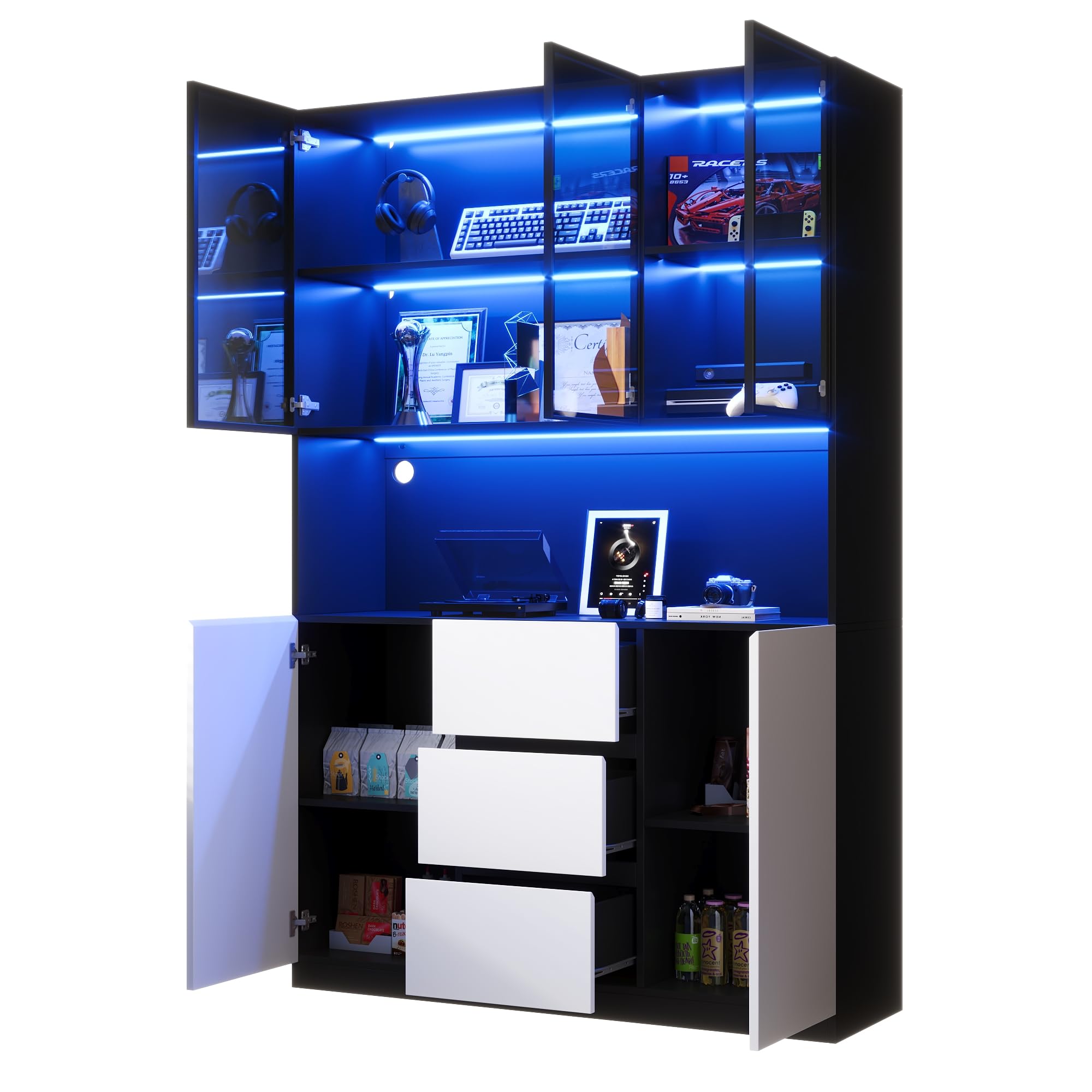 Dolamaní Armadio alto 120 × 40 × 200 cm, armadio da cucina, buffet con illuminazione a LED, scaffali aperti, 3 cassetti e 2 ante, vetrina in vetro, per soggiorno, sala da pranzo (bianco+nero)