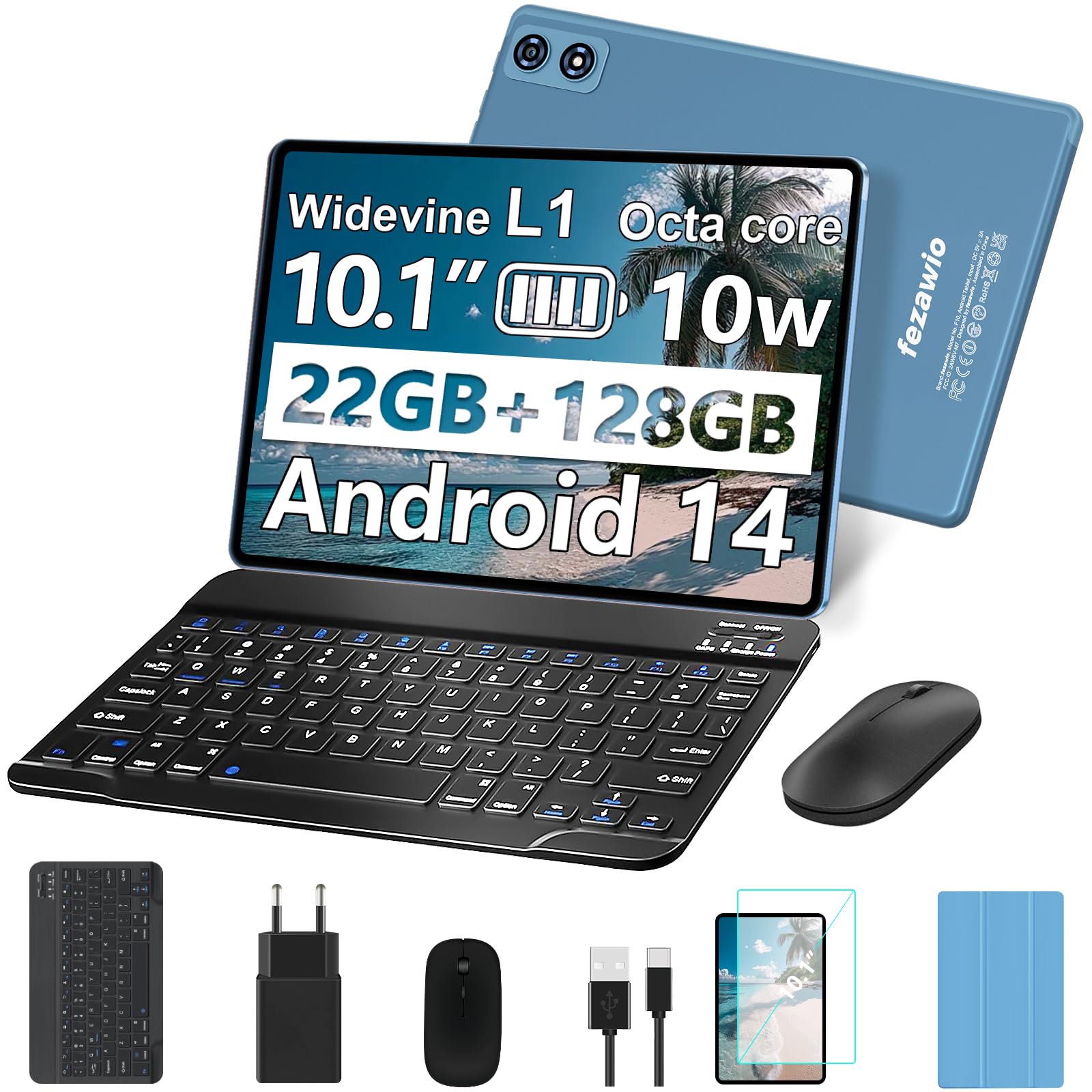 fezawio F10 Tablet 10 Pollici, Tablet Android 14, 22 GB RAM+128 GB ROM |1TB TF |8000mAh |5G Wi-Fi |Octa-Core |Widevine L1 |2.0Ghz Tablet PC Con Tastiera Mouse Fondina, Migliore Regalo-Blu