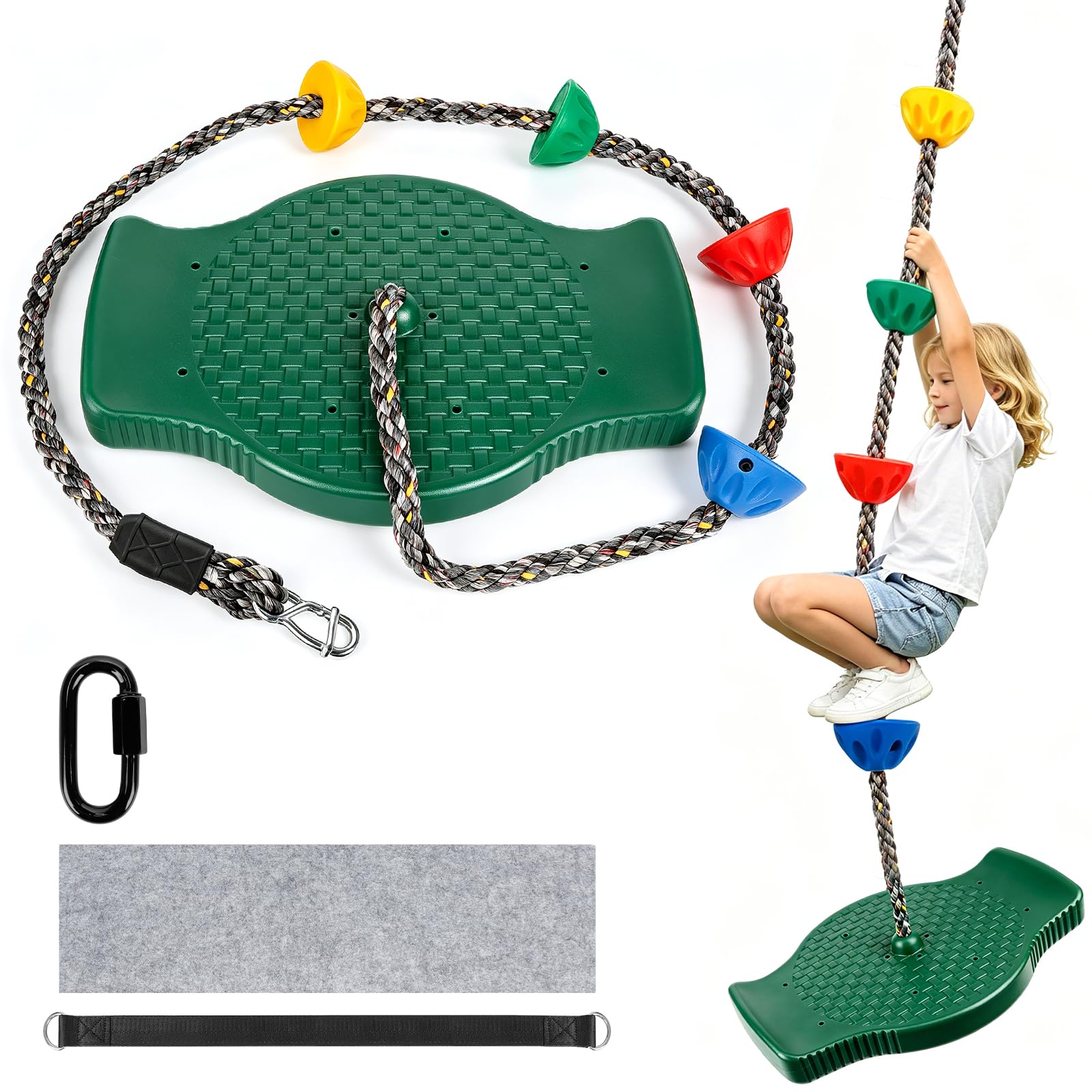Altalena per arrampicata all'aperto, set di sedili a dondolo antiscivolo con corda regolabile lunga 1,9 m, in piedi e seduti, 75 kg, robusta altalena per bambini, per giardino, parchi giochi, bambini