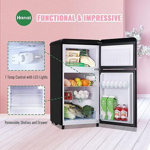 Miniatura 8 de WANAI Mini refrigerador retro de 3.5 pies cúbicos con congelador, refrigeradores compactos, nevera pequeña negra, refrigerador clásico de doble