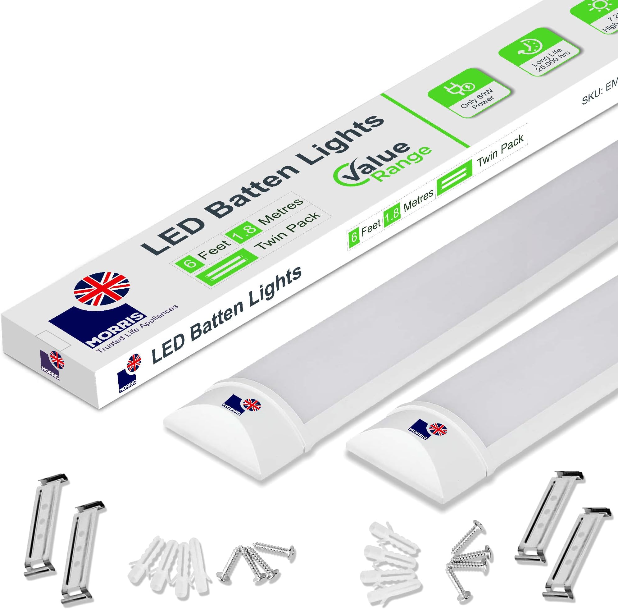 Morris LED Batten Light 6ft - 60W 7200LM, IP20 Grade, 2-Pack 6500K Daylight, High-Efficiency Lighting for Indoor Barns, Workshops, Large Spaces - Value Range