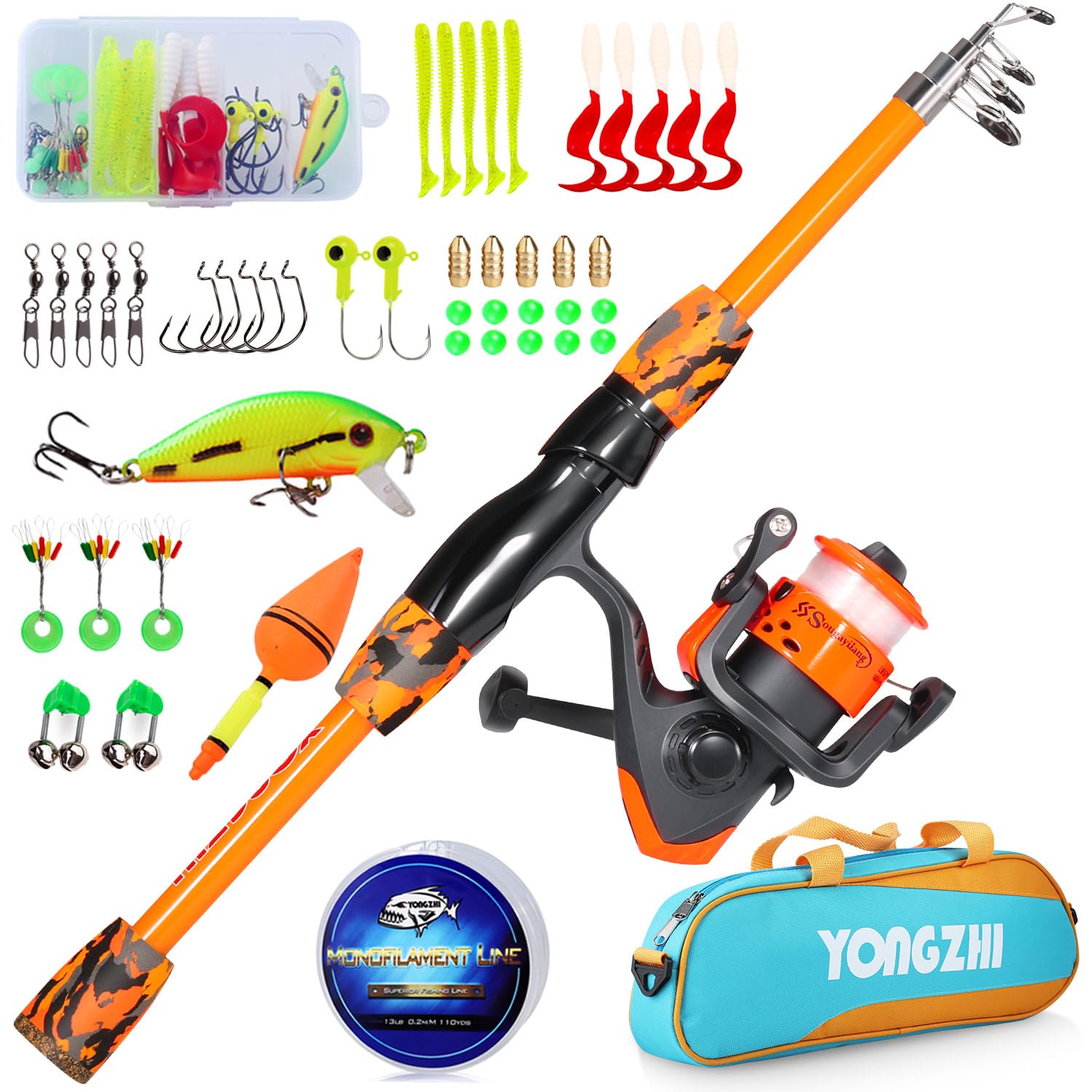 Sougayilang Kids Fishing Rod,Portable Telescopic Fishing Rod and Reel Combo,with Spinning Fishing Reel Tackle Bag Lures for Youth,Girls and Boys Traveling Kid Fishing Pole-OX