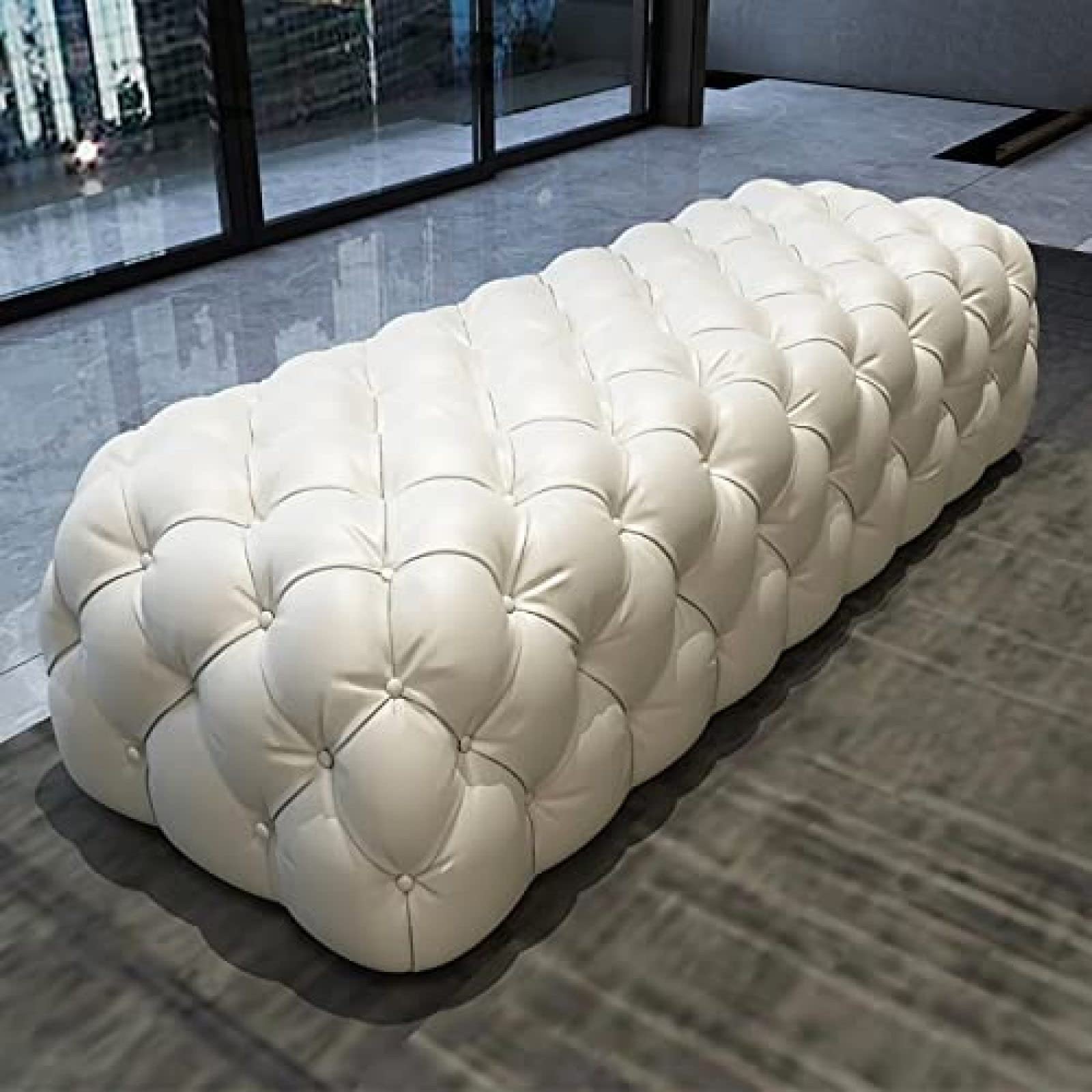 Elegante banco otomano de cuero blanco con botones y elegante reposapiés y cómodo diseño tapizado, 70 x 45 x 42 cm, perfecto para decoración de sala de estar o dormitorio.