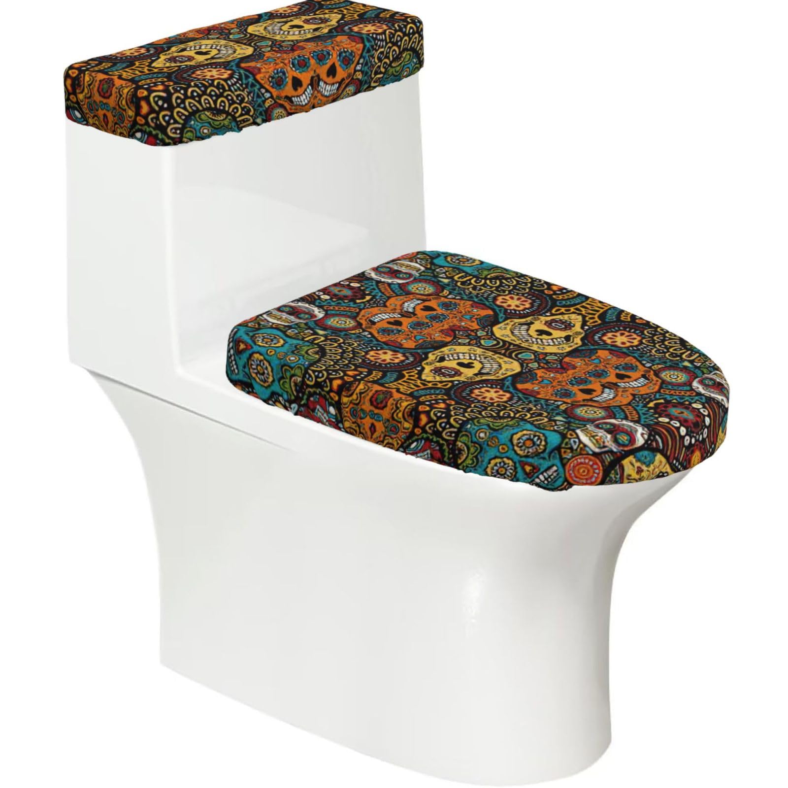 Colorful Sugar Skulls Print Stretch Toilet Covers Set, Polyester Covers Replacement For Fits Most Size Lids Bathroom Decor
