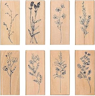 Dizdkizd 8 Pieces Wood Mounted Rubber Stamps, Plant and Flower Decorative Wooden Rubber Stamp Set for DIY Craft, Diary and Craft Scrapbooking