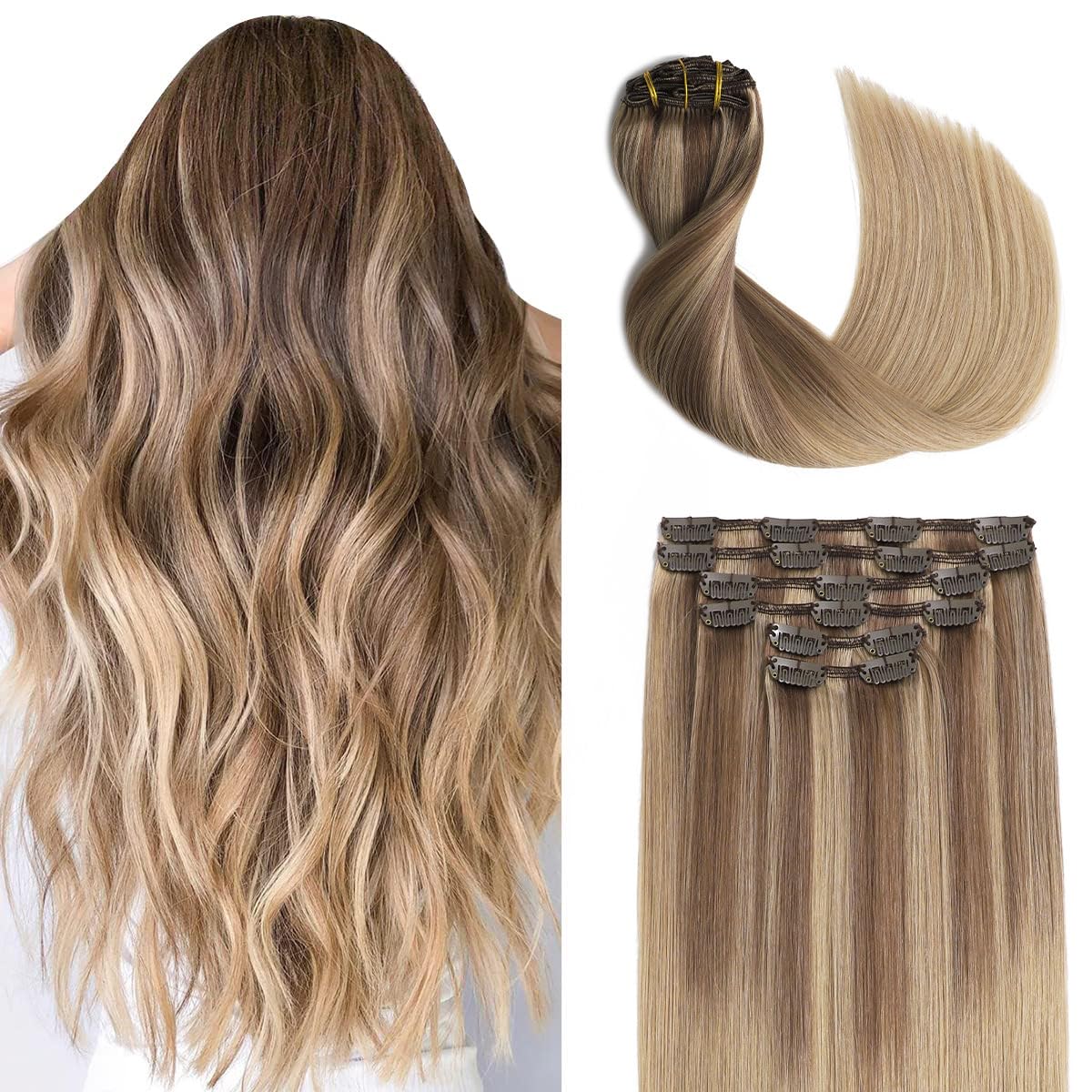 Natural Balayage Ombre Hair Extensions Clip / Tape Ombre Clip In Hair Extensions 120g Balayage Virgin Brazilian  main image 2