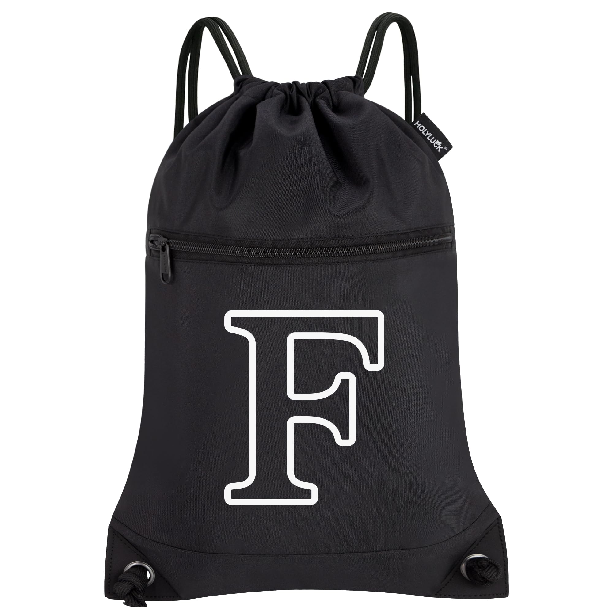 HOLYLUCK Drawstring Bags Initial Backpack Sackpack Cinch Bags for Sports, Gym, Travel, Beach(Black-F)