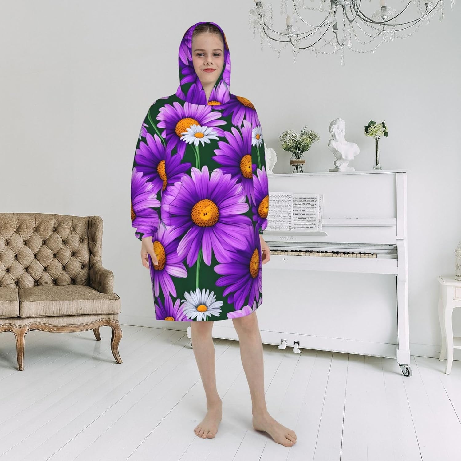 Purple Daisy Print Oversized Blanket Hoodie, Wearable Blanket Hooded,Hooded Pullover With Pocket