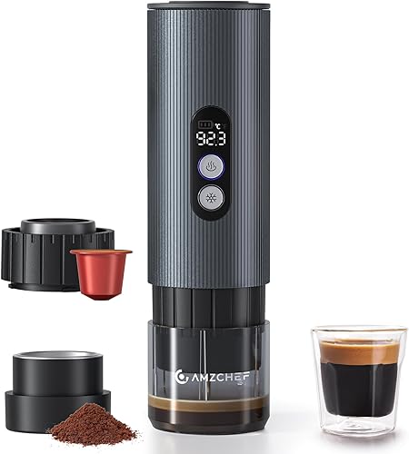 AMZCHEF Cafetera portátil recargable con batería de 9000 mAh, cafetera de café espresso de viaje 2 en 1 para cápsulas de tierra/NS, máquina de café