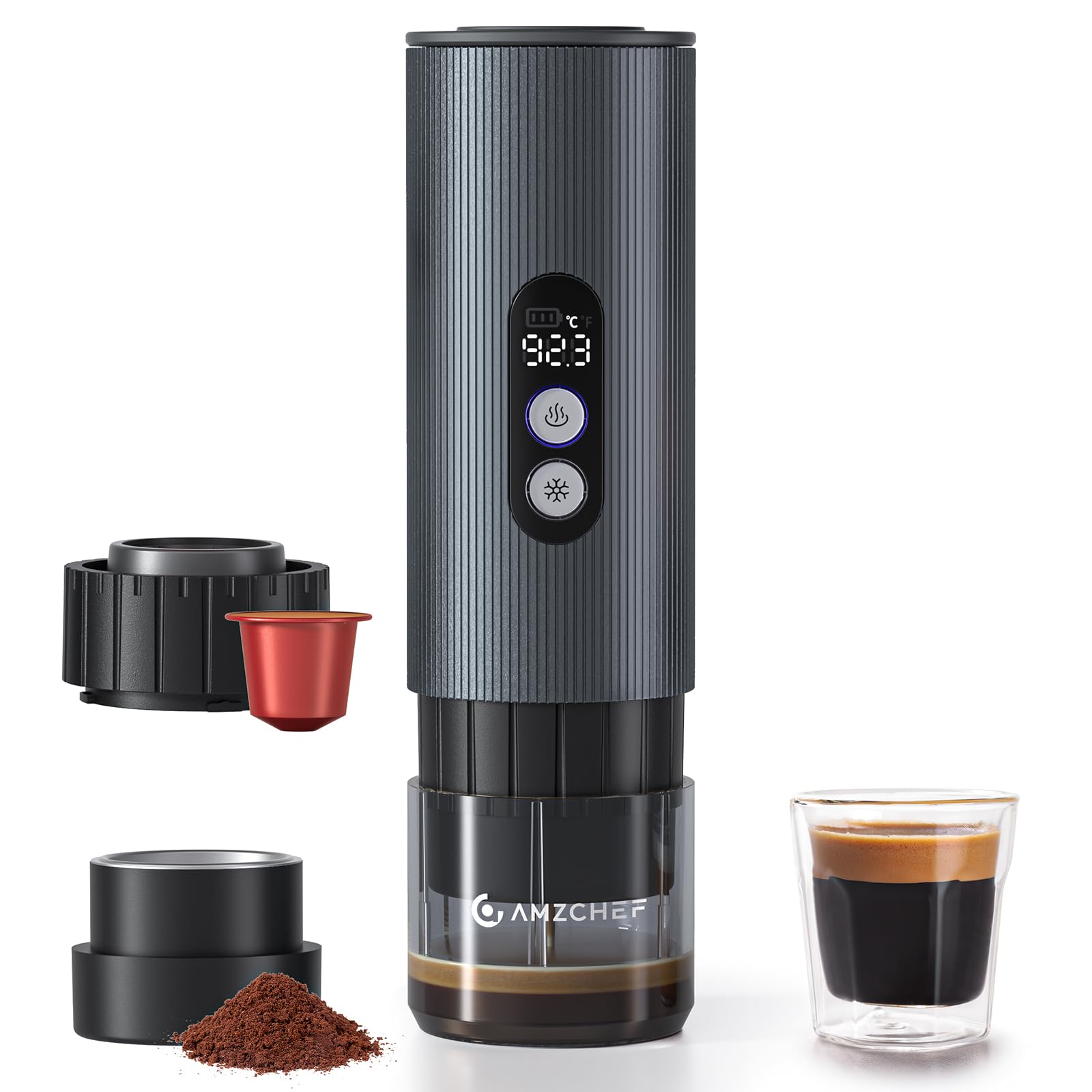AMZCHEF rechargeable travel espresso maker in aluminum finish