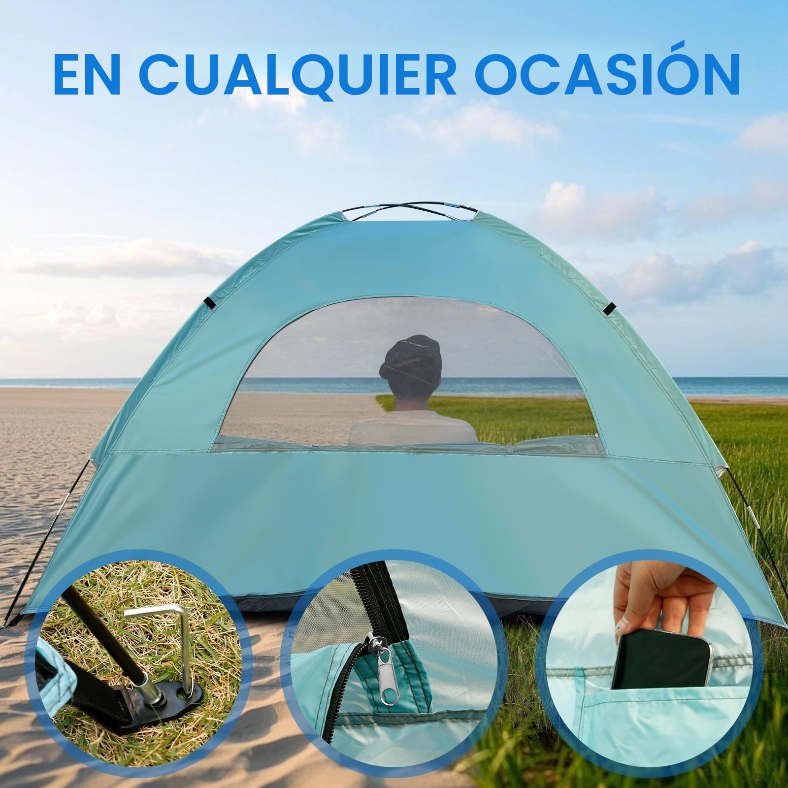 JAICOM Tienda de campaña playa 2-3 personas UPF 50+ UV ligera montaje rápido 3 ventanas ventiladas familia