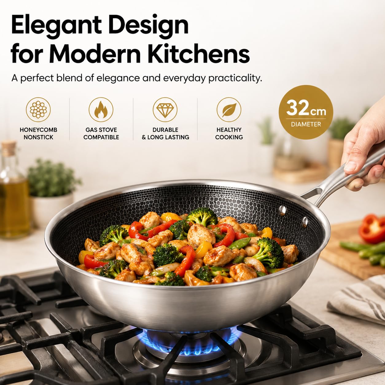 Royal Swiss Wok 32 cm in acciaio inossidabile Triply - Rivestimento antiaderente a nido d'ape - Compatibile con induzione, gas e tutti i fuochi, con coperchio in vetro, cottura sana e durevole