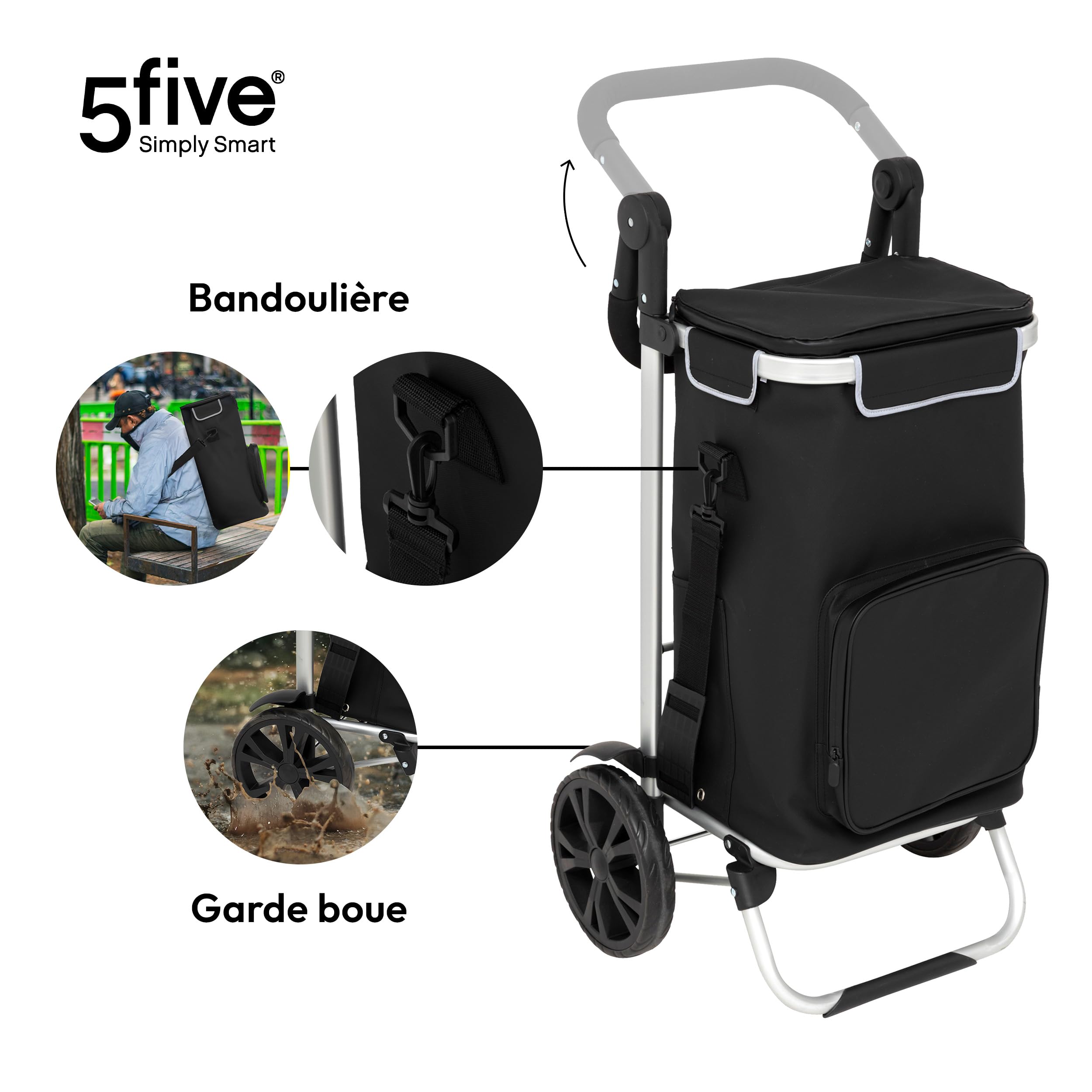 5 five simply smart 5Five Wózek wyścigowy 40L z wyjmowaną izolowaną torbą - 2 wytrzymałe koła, regulowane uchwyty, wiele kieszeni - czarny