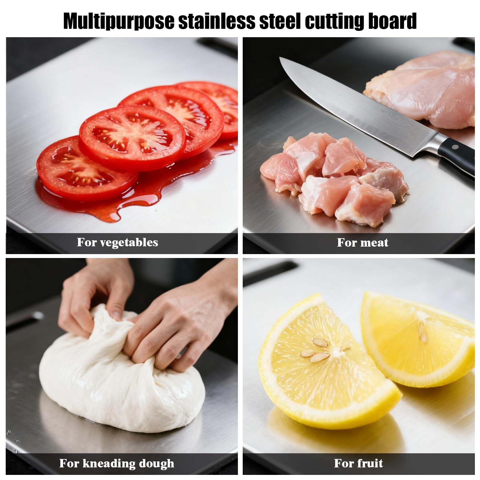 2 Pcs Tabla Cortar Acero Inoxidable, Cutting Board con Asa, Profesional Tablas para Cortar Antideslizante, Antibacteriano y Antibacteriana Fáciles Limpiar, Apto Lavavajillas, Sin BPA